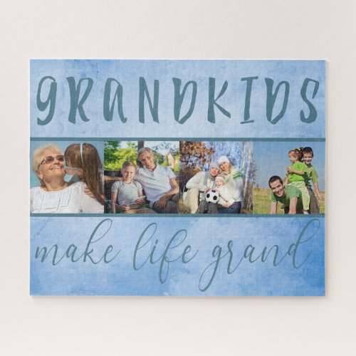 Grandkids Make Life Grand 4 Photo Collage Blue Jigsaw Puzzle