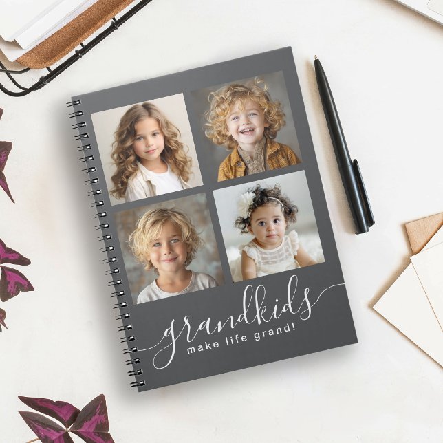 Grandkids Make Life Grand 4 Photo Collage Gray Notebook (A great way to keep notes and info about the grandkids!)