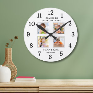 Grandkids Make Life Grand 4 Photo Collage White Round Clock
