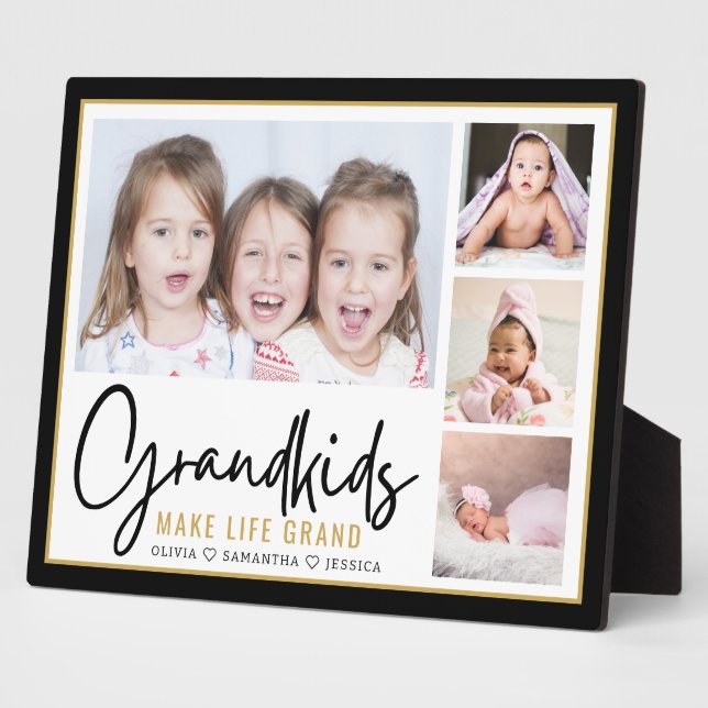 Grandkids Make Life Grand 4 Photo Personalized  Plaque (Side)