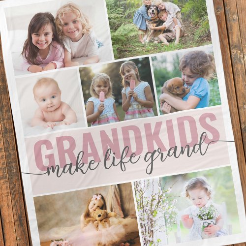 Grandkids Make Life Grand 7 Photo Collage Fleece Blanket