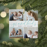 Grandkids Make Life Grand | 8 Mini Photo Ceramic Ornament<br><div class="desc">Create a sweet gift for a beloved grandma or grandpa with this beautiful collage photo ornament. "Grandkids make life grand" appears in the center in aqua calligraphy lettering. Customize with 8 mini rectangular photos of their grandchildren,  and add their names and the year to the back.</div>