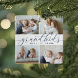 Grandkids Make Life Grand | 8 Mini Photo Ceramic Ornament<br><div class="desc">Create a sweet gift for a beloved grandma or grandpa with this beautiful collage photo ornament. "Grandkids make life grand" appears in the center in navy blue calligraphy lettering. Customize with 8 mini rectangular photos of their grandchildren,  and add their names and the year to the back.</div>