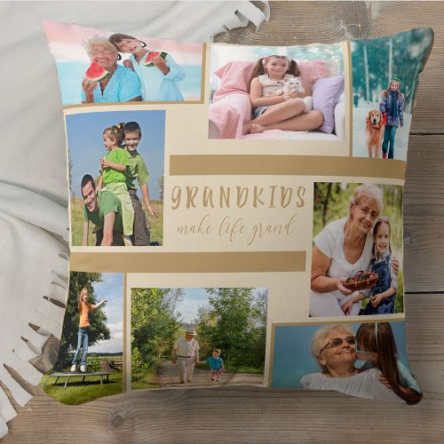 Grandkids Make Life Grand 8 Photo Collage Beige Throw Pillow