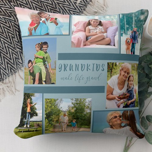 Grandkids Make Life Grand 8 Photo Collage Blue Throw Pillow