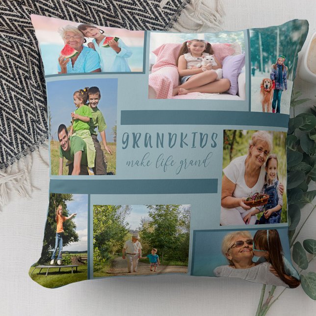 Grandkids Make Life Grand 8 Photo Collage Blue Throw Pillow (Creator Uploaded)