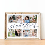 Grandkids Make Life Grand | 8 Photo Collage Poster<br><div class="desc">Create a sweet gift for a beloved grandma or grandpa with this beautiful photo collage print. "Grandkids make life grand" appears in the center in navy blue and gray calligraphy script lettering. Customize with 8 photos of their grandchildren for a unique gift for Grandparents Day,  holidays,  or birthdays.</div>