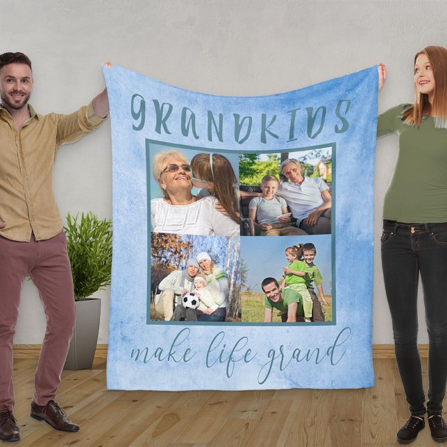 Grandkids make life Grand Blue Photo Collage Fleece Blanket (Creator Uploaded)