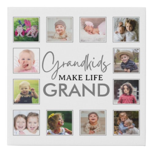 Grandkids Make Life Grand Gray 12 Photo Collage   Faux Canvas Print