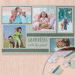 Grandkids Make Life Grand Green 5 Photo Collage Jigsaw Puzzle<br><div class="desc">Create your own unique photo puzzle with 5 of your favorite pictures. The lovely grandkids quote is hand lettered and reads "Grandkids make life grand" which makes this a wonderful gift for your grandchildren, nana, grandad or grandparents. The photo template is set up ready for you to add your images...</div>