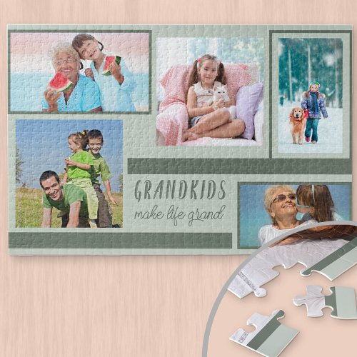 Grandkids Make Life Grand Green 5 Photo Collage Jigsaw Puzzle