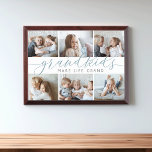 Grandkids Make Life Grand | Photo Collage Plaque<br><div class="desc">Create a sweet gift for a beloved grandma or grandpa this Grandparents Day with this beautiful photo collage plaque. "Grandkids make life grand" appears in the center in smoky blue green and gray calligraphy script lettering. Customize with six photos of their grandchildren.</div>