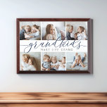 Grandkids Make Life Grand | Photo Collage Plaque<br><div class="desc">Create a sweet gift for a beloved grandma or grandpa this Grandparents Day with this beautiful photo collage plaque. "Grandkids make life grand" appears in the center in elegant navy blue and gray calligraphy script lettering. Customize with six photos of their grandchildren.</div>