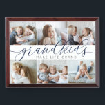 Grandkids Make Life Grand | Photo Collage Plaque<br><div class="desc">Create a sweet gift for a beloved grandma or grandpa this Grandparents Day with this beautiful photo collage plaque. "Grandkids make life grand" appears in the center in elegant navy blue and gray calligraphy script lettering. Customize with six photos of their grandchildren.</div>
