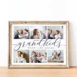 Grandkids Make Life Grand | Photo Collage Poster<br><div class="desc">Create a sweet gift for a beloved grandma or grandpa with this beautiful photo collage print. "Grandkids make life grand" appears in the center in navy blue and gray calligraphy script lettering. Customize with six photos of their grandchildren for a unique gift for Grandparents Day,  holidays,  or birthdays.</div>