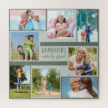 Grandkids Make Life Grand Photo Collage Square Jigsaw Puzzle<br><div class="desc">Create your own unique photo puzzle with 8 of your favorite pictures. The wording in the center is hand lettered and reads "Grandkids make life grand" which makes this a wonderful gift for your nana, grandad, grandparents or grandchildren. The photo template is set up ready for you to add your...</div>