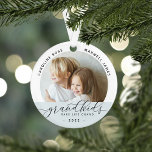 Grandkids Make Life Grand Photo Ornament<br><div class="desc">Create a sweet gift for a beloved grandma or grandpa with this beautiful photo ornament. "Grandkids make life grand" appears along the bottom,  with the year beneath,  and the grandchildren's names curving across the top. Add a second photo to the back.</div>