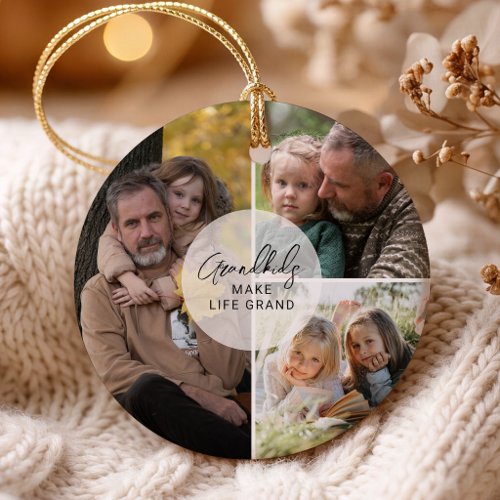 Grandkids Make Life Grand Pops 3 Photo Ceramic Ornament
