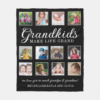 Grandkids Make Life Grand Quote 12 Photo Black Fleece Blanket