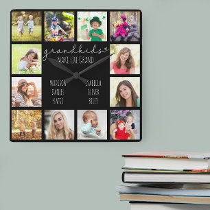 Grandkids Make Life Grand Quote 12 Photo Black Square Wall Clock