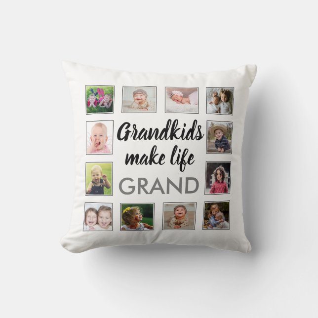 Grandkids Make Life Grand Quote 12 Photo Collage   Throw Pillow (Front)