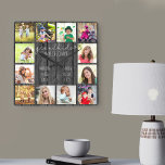 Grandkids Make Life Grand Quote 12 Photo Grey Wood Square Wall Clock<br><div class="desc">Photo clock for grandparents with 12 of your favorite pictures. Create your own grid style photo collage and add the grandchildren's names (2 to 8 names looks best). The quote reads "grandkids make life grand" and is finished with a love heart. The design is lettered in handwritten and whimsical typography...</div>