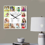 Grandkids Make Life Grand Quote 12 Photo White Square Wall Clock<br><div class="desc">Photo clock for grandparents with 12 of your favorite pictures. Create your own grid style photo collage and add the grandchildren's names (2 to 8 names looks best). The quote reads "grandkids make life grand" and is finished with a love heart. The design is lettered in handwritten and whimsical typography...</div>