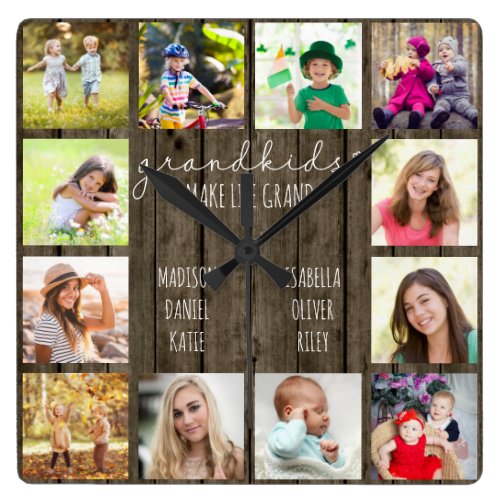 Grandkids Make Life Grand Quote 12 Photo Wood Look Square Wall Clock