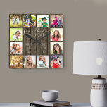 Grandkids Make Life Grand Quote 12 Photo Wood Look Square Wall Clock<br><div class="desc">Photo clock for grandparents with 12 of your favorite pictures. Create your own grid style photo collage and add the grandchildren's names (2 to 8 names looks best). The quote reads "grandkids make life grand" and is finished with a love heart. The design is lettered in handwritten and whimsical typography...</div>