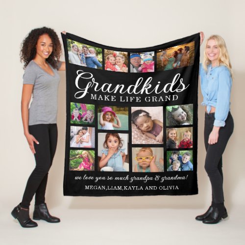 Grandkids Make Life Grand Quote 14 Photo Black  Fleece Blanket