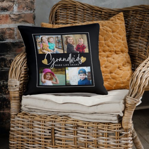 Grandkids Make Life Grand Quote 4 Photo Collage   Throw Pillow