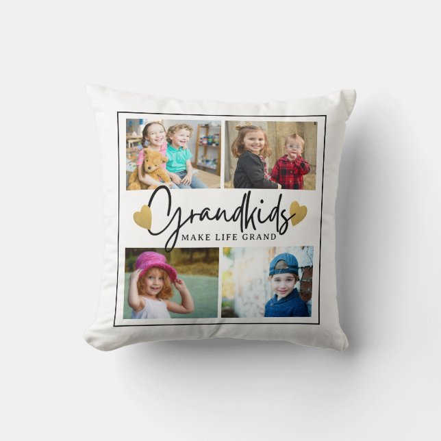 Grandkids Make Life Grand Quote 4 Photo Collage Throw Pillow (Front)