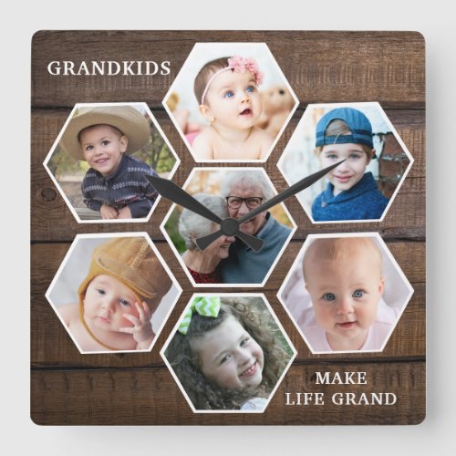 Grandkids Make Life Grand Quote 7 Photo Wood Square Wall Clock