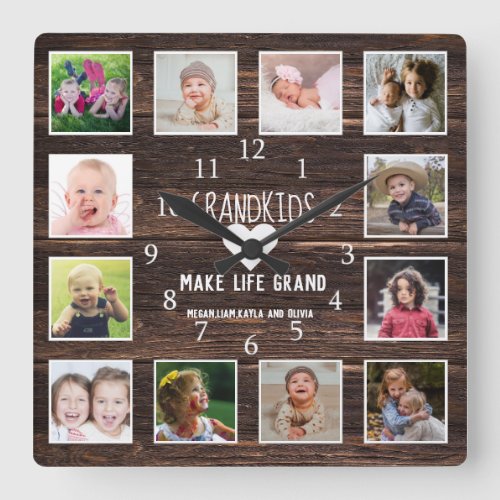 Grandkids Make Life Grand Quote Photo Collage Wood Square Wall Clock