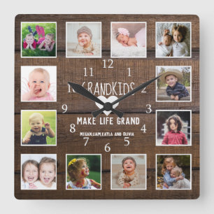 Grandkids Make Life Grand Quote Rustic Wood Photo Square Wall Clock