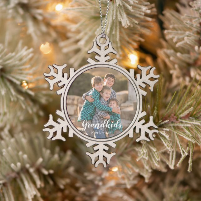 Grandkids Make Life Grand Snowflake Pewter Christmas Ornament (Tree)