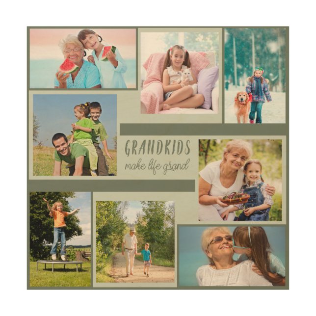 Grandkids Make Life Grand Square Photo Collage Wood Wall Art (Front)