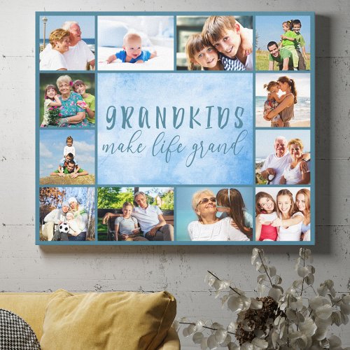 Grandkids Make Life Grand Stylish Blue 12 Photo Canvas Print