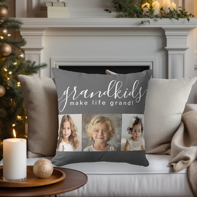 Grandkids Make Life Grand with 3 Photos Throw Pillow (Creator Uploaded)