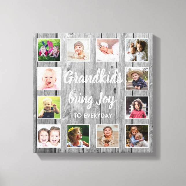 Grandkids Quote Rustic Gray Wood 12 Photo Collage  Canvas Print (Front)