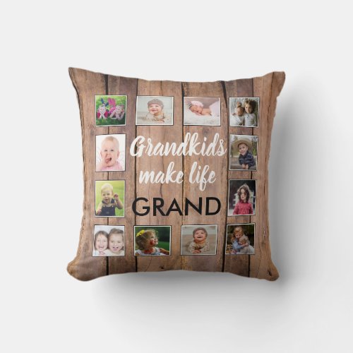 Grandkids Quote Rustic Wood 12 Photo Collage Throw Pillow
