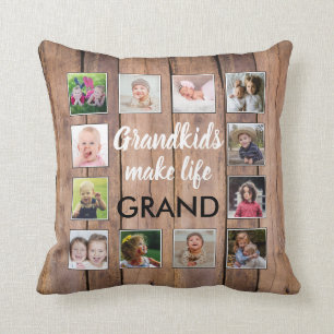 Grandkids Quote Rustic Wood 12 Photo Collage Throw Pillow