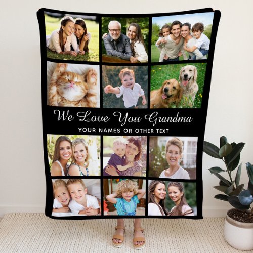 Grandma 12 Photo Collage Black Fleece Blanket