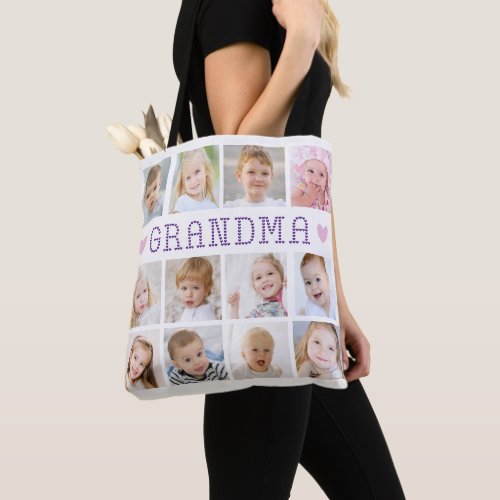 Grandma 12 Photo Collage Hearts Custom Colors Tote Bag