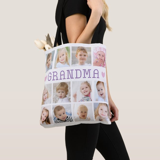 Grandma 12 Photo Collage Hearts Custom Colors Tote Bag (Close Up)