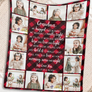 Grandma 14 Photo Collage Red Buffalo Plaid Fleece Blanket