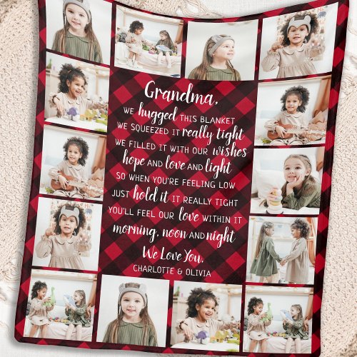 Grandma 14 Photo Collage Red Buffalo Plaid  Fleece Blanket