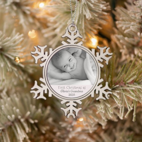 Grandma 1st Christmas Personalized Photo Granddaug Snowflake Pewter Christmas Ornament