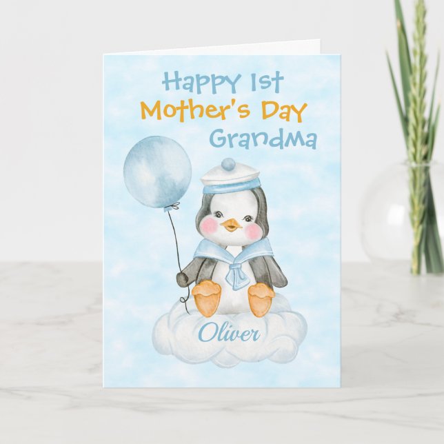 Grandma 1st Mother's Day  Penguin Blue Card (Front)