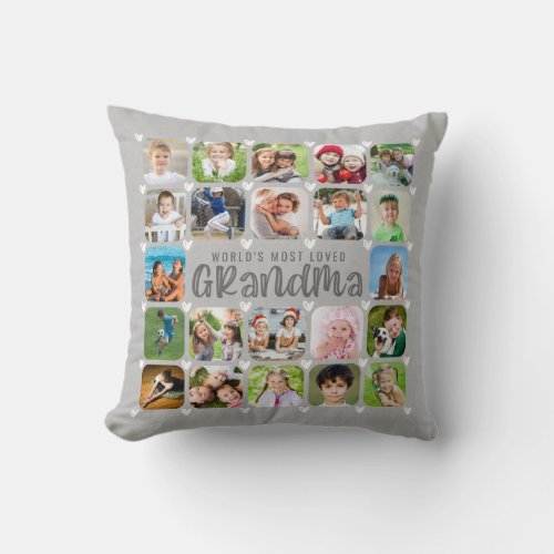 Grandma 22 Rounded Photo Collage Faux Gray Linen Throw Pillow